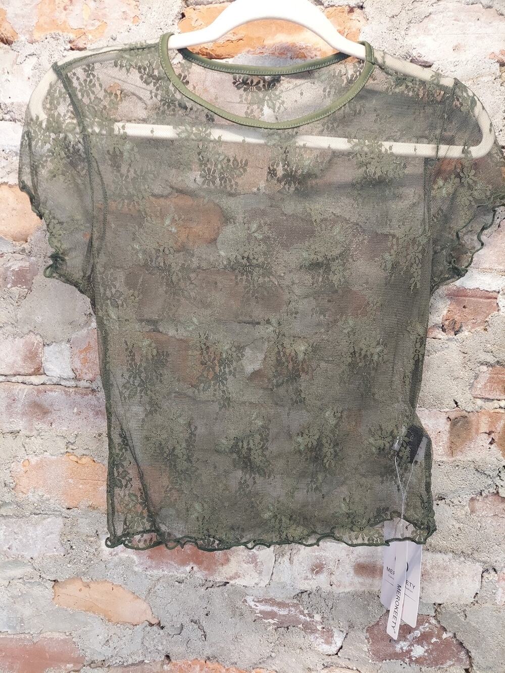 Womens Sheer Lace Floral Top L Olive Green Short Sleeve Ruffle Crewneck